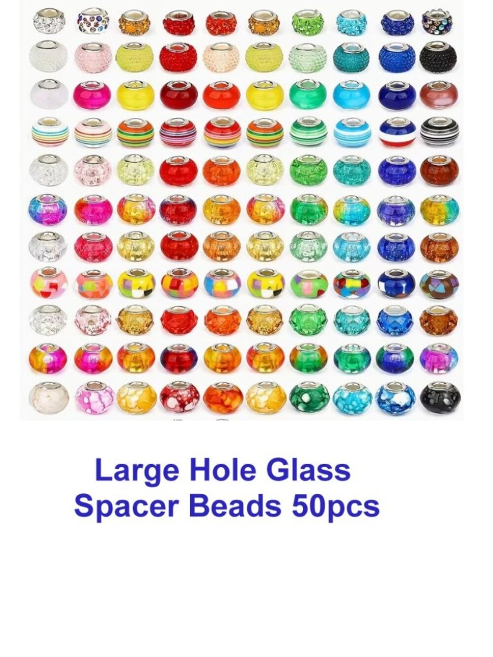Large Hole Glass Spacer Beads 50pcs Assorted